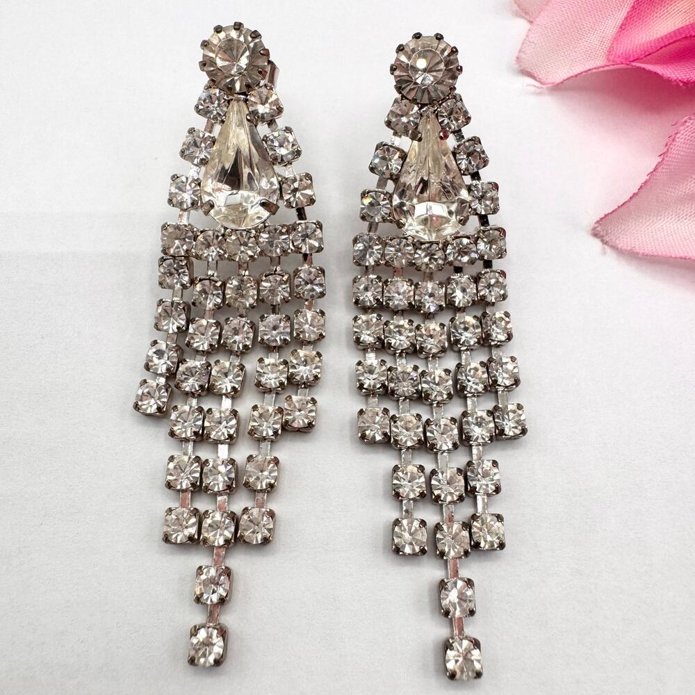 Vintage Rhinestone Waterfall Drop Earrings Tassel Curtain Old Hollywood Glam